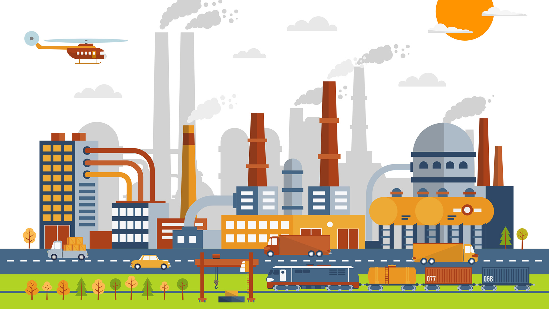 Рисунок город с заводами и фабриками и полями